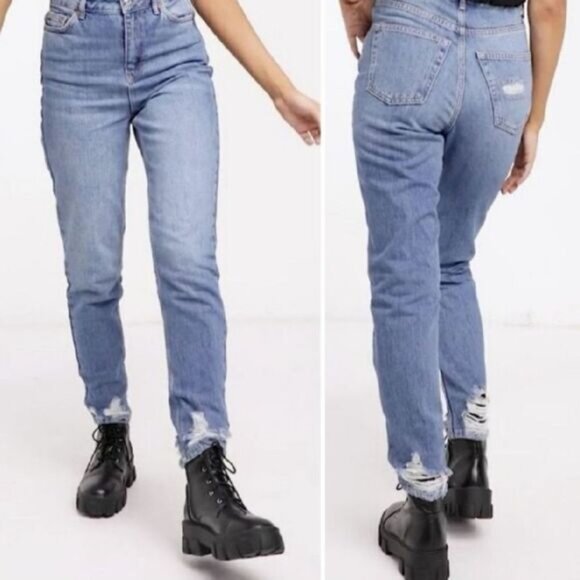 TOPSHOP | Mom Jean High Rise Distressed Blue Mid Wash Sz 25 Flawed - Picture 1 of 14